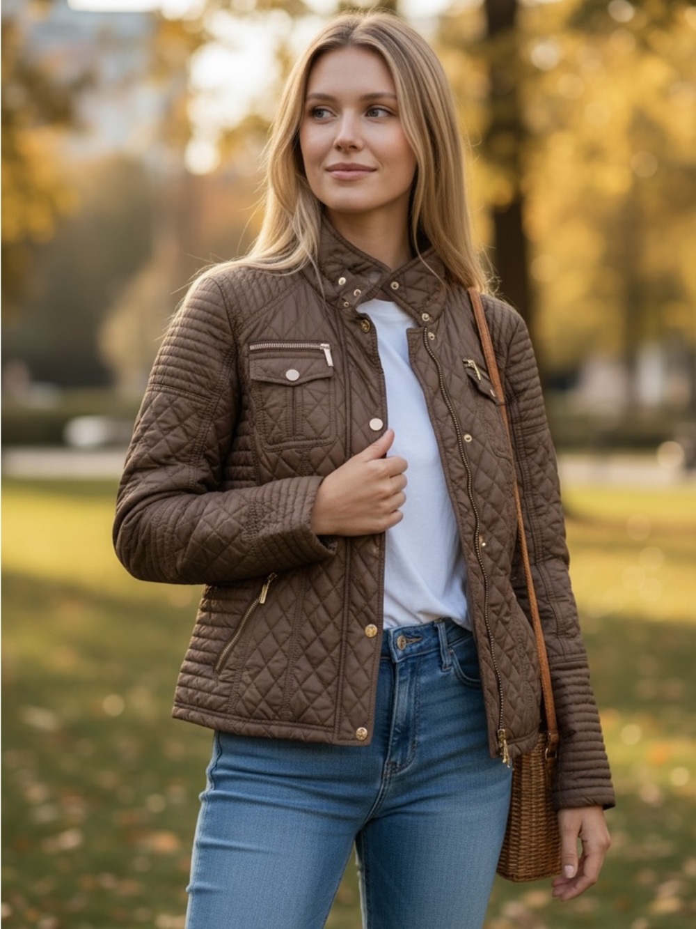 Michael Kors Quilted Brown Utility Jacket with Gold-Tone Hardware - Picture 2 of 10